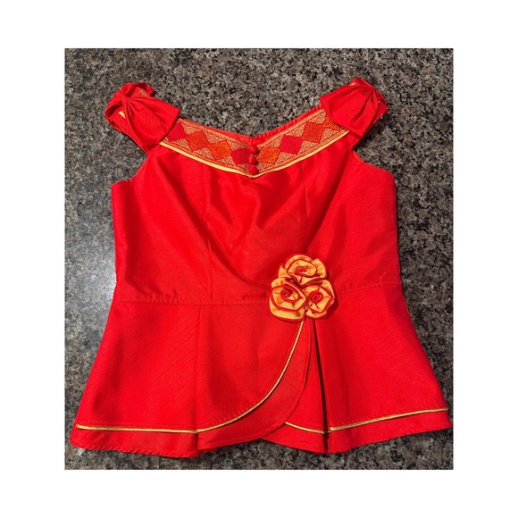 Unbranded Tops - Vintage Red Gold Embroidered Peplum Top Off Shoulder Bows Floral Accent Sz 36